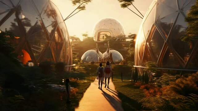 A golden hour casts a warm glow over a futuristic greenhouse city, where people stroll amongst towering bio-domes, embodying a utopian vibe of harmony and innovation in urban living.