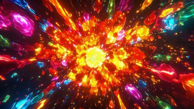 A burst of digital pixels exploding outward in neon tones forming an energetic festival scene