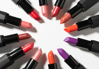 Obraz premium A circular arrangement of twelve lipstick tubes with varying shades, including reds, pinks, corals, oranges, and purples.