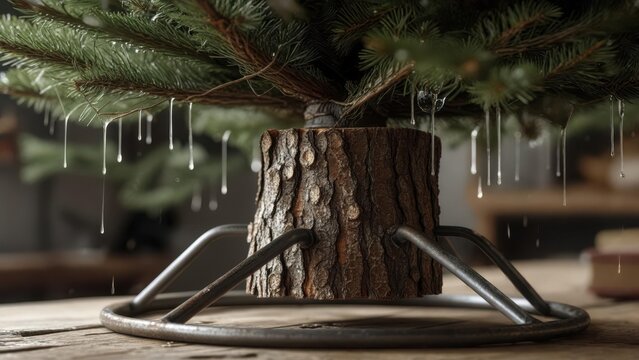 Close-up of the base of a real Christmas tree in a metal stand, with water dripping from the trunk onto a wooden surface, highlighting the importance of watering a live tree for freshness