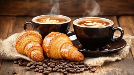 Freshly Brewed Coffee with Croissants and Roasted Coffee Beans