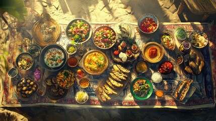 Vibrant Outdoor Feast with an Array of Colorful Dishes and Ingredients