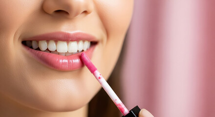 Naklejka premium A beauty woman applying pink lip gloss to her lips using