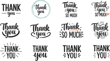 Collection of twelve different thank you handwritten calligraphy phrases and lettering designs