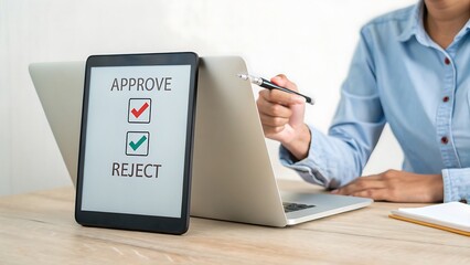 Business Person Making Decision Online: Approve or Reject on Tablet with Digital Pen and Laptop.