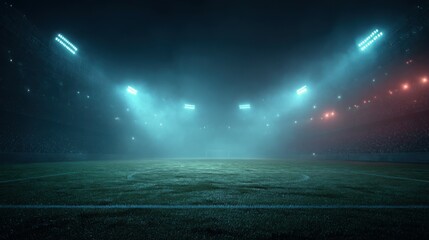 Neon Fog Over Textured Soccer Field in Empty Stadium