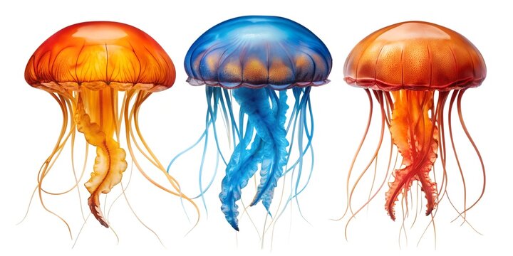 Isolated three colorful jellyfish in white background resembling an edible forest mushroom