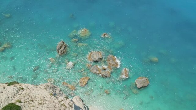 Spectacular aerial and ground views of Porto Katsiki beach on Lefkada island, Greece. Famous for its dramatic white cliffs and crystal-clear turquoise sea, this iconic Mediterranean spot 