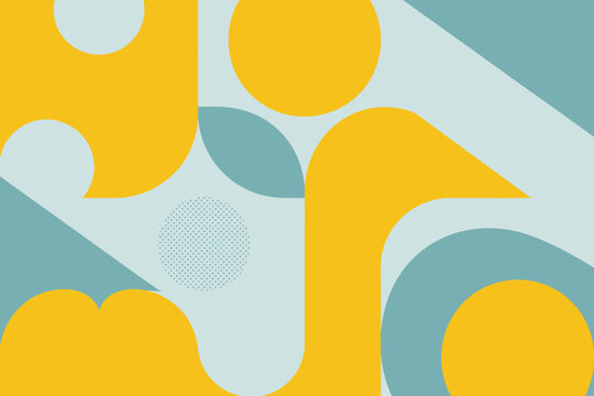 Abstract design featuring yellow and blue shapes on a light background with a dotted circle element