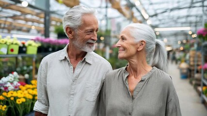 Senior couple enjoying greenhouse atmosphere. Shopping for colorful flowers together. Exploring garden center with smiles. Beautiful spring plants surround active retirees. Romantic moment - Powered by Adobe