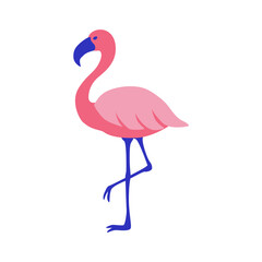 A stylized pink flamingo graphic with blue accents, standing gracefully on one leg, ideal for tropical designs and summer themes.