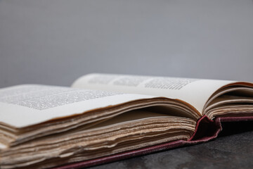 Open antique book with deckled edges, focus on uneven page edges
