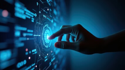 Hand touching a glowing interface screen with digital technology art
