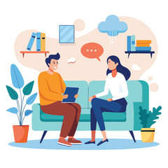 Professional therapist consulting with a patient discussing mental health and wellbeing on a sofa