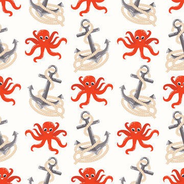 Seamless pattern with cute kawaii red octopus and sea anchor in polka dot order in flat cartoon style.