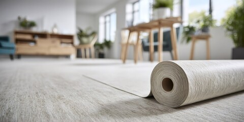 Pvc carpet roll unrolling on floor in modern interior room