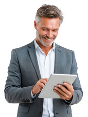 Stylish senior businessman with tablet on white or transparent background – technology, productivity, corporate communication