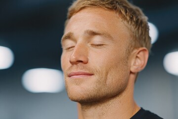 portrait of male athlete engaging in guided breathing exercise post-row eyes closed in gym