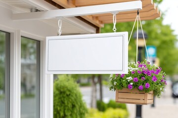 Blank hanging shop sign with flower basket – ideal for cafe, boutique or floral shop branding and identity design