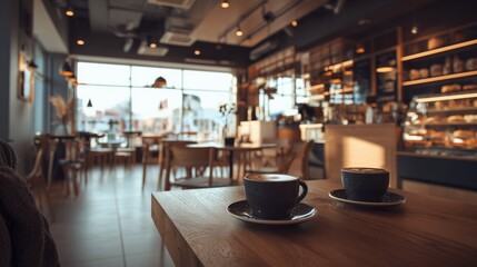 Cozy coffee shop interior with two cups on table – concept for cafe culture, lifestyle, food and beverage