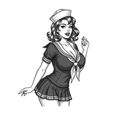 Pin-Up Sailor Woman, drawn in an engraved, woodcut style with fine details sketch engraving vector illustration. Scratch board imitation.