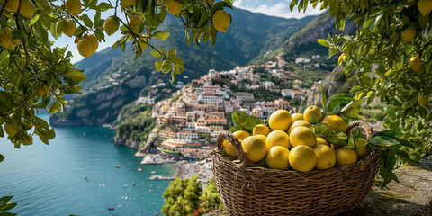 Fresh Lemons Overlooking Positano, Amalfi Coast. A basket of ripe lemons under a lush tree frames a scenic view of Positano and the sparkling Mediterranean Sea—quintessential Italian summer freshness.