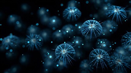 Fototapeta premium Bioluminescent copepods releasing short light bursts open ocean spherical glowing effect in pitch black water microscopic glowing crustaceans in macro visualization