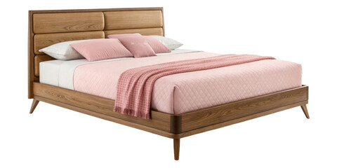 Modern wooden bed with pink pillows and blanket isolated on transparent background
