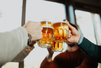 Male friends are toasting in the pub
