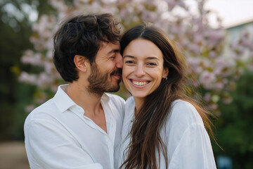 Naklejka premium Young caucasian couple embracing outdoors beneath cherry blossoms