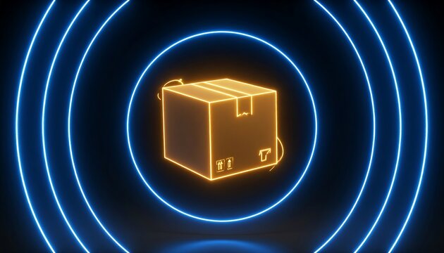 Neon-lit, glowing orange box in blue concentric circles