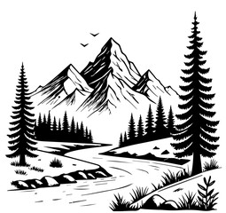 Monochrome mountain landscape illustration with tall pine trees, winding river, and birds flying – hand drawn nature scene for tattoo, outdoor artwork, label, sticker, or wilderness branding