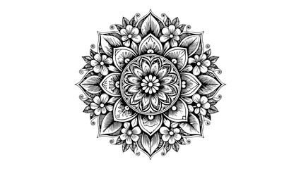 Highly detailed black and white floral mandala ornament with leaves and flowers – decorative symmetrical artwork perfect for tattoo, coloring book, t-shirt design or wall art illustration