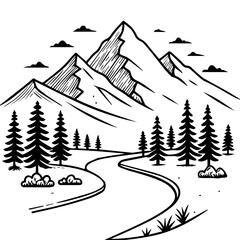 Minimalist line art mountain and road landscape with pine trees – black and white drawing of nature scene for logo, tattoo, poster, travel adventure design or wilderness branding illustration