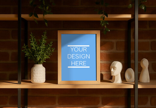 Wooden Frame Poster Mockup On Shelf With Red Brick Wall Background
