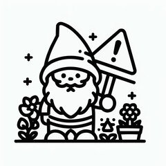 Cheerful gnome holding a sign in a garden with flowers, line art illustration