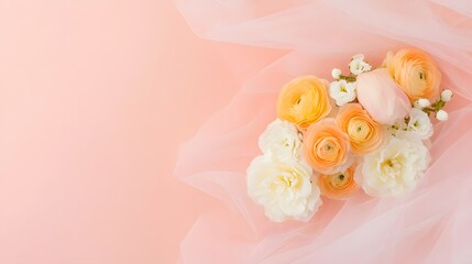 Small bouquet of orange and white ranunculus on pink pastel background, Romantic spring flower composition, Flat lay floral design with copy space


