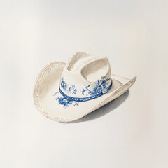 White Cowgirl Hat with Blue Chinoiserie Style Florals