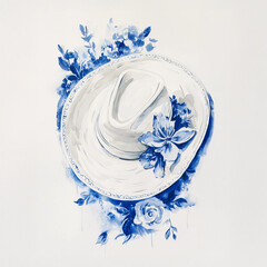 White Cowgirl Hat with Blue Chinoiserie Style Florals