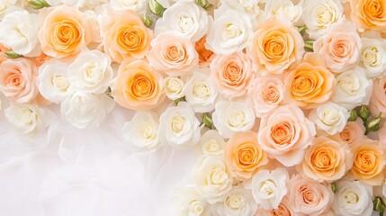 Peach and white roses on sheer tulle fabric background, Romantic floral arrangement, Soft pastel bouquet, Wedding flower flat lay with copy space

