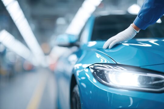 portrait-style shot of automotive factory worker inspecting car door panel under clean-focused lighting