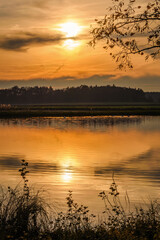 Sonnenuntergang am Seeufer mit Spiegelung und filigranen Gräsern und Zweigen im Gegenlicht bei...