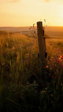 Wooden Fence and Wildflowers at Sunset