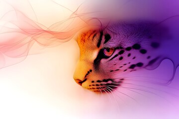 Leopard face in digital abstract background with orange and purple gradients, Big cat portrait art, Wildlife fantasy illustration with glowing effects and copy space

