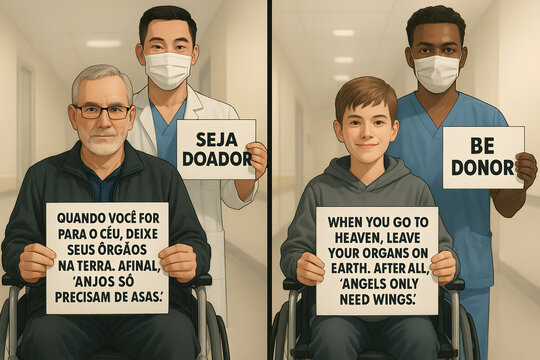 In double exposure, aimed at raising awareness about organ donation, wheelchair user and nurse holding relevant messages, the first image an adult in a wheelchair and the second image a teenager in...