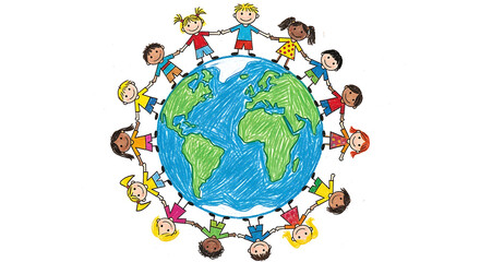 Crayon drawing of diverse children holding hands around the Earth, symbolizing friendship, unity, and peace, with cheerful faces and bright clothes, drawn in a playful childlike style