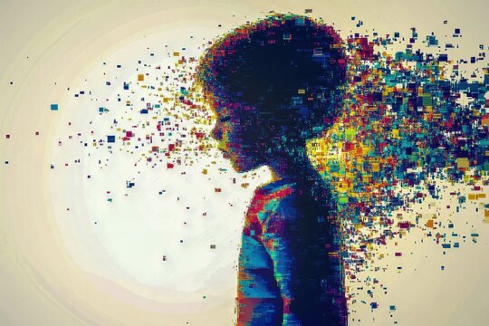 A child's silhouette breaking apart into colorful digital pixels