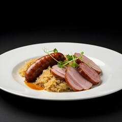 French-style sauerkraut dish with assorted sausages, pork, and potatoes &ndash; Choucroute Garnie