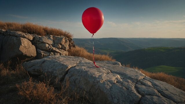 "A lone red balloon floating above a rocky cliff overlooking a vast landscape."