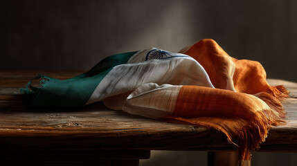 Indian tricolor scarf with Ashoka Chakra draped on rustic wooden table